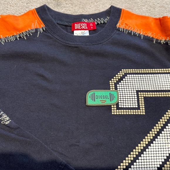Boys Designer DIESEL Shirt Top Textured Embroidered Navy Orange Cream Size 4-6 - Picture 4 of 4